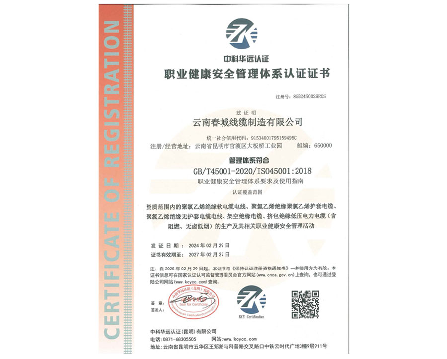 職業(yè)健康安全管理體系認(rèn)證證書(shū)